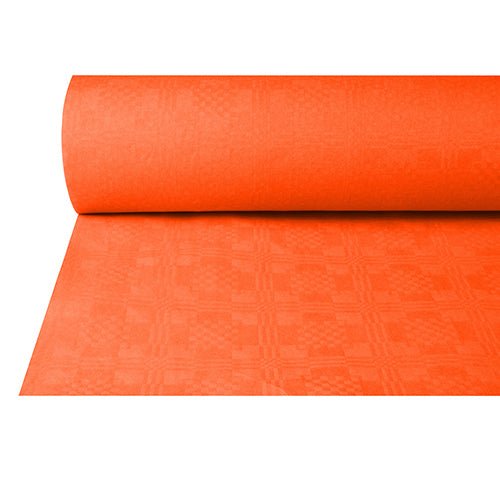 Uma toalha de papel PAPSTAR parcialmente desenrolada com relevo adamascado (50 m x 1 m) da PAPSTAR GmbH em laranja brilhante com um padrão discreto de quadrados e linhas, perfeito para ocasiões festivas. Apresentado em um fundo branco simples.