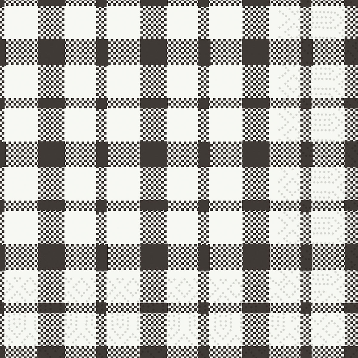 Um padrão xadrez preto e branco adorna os guardanapos de papel da Duni GmbH 24x24 cm, 3 camadas, Izza - Alta qualidade. Cada embalagem contém 250 guardanapos de alta qualidade.