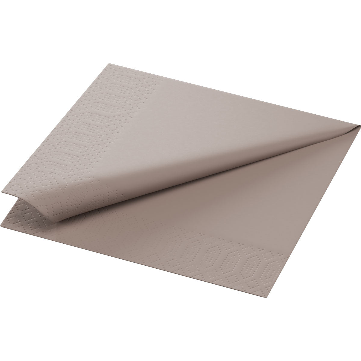 Um guardanapo cinza Duni GmbH Zellt.Serv.33x33 3lg. 1/4 dobrado de forma simples (33x33 cm, 3 camadas) com bordas discretamente gravadas é apresentado sobre um fundo branco simples.