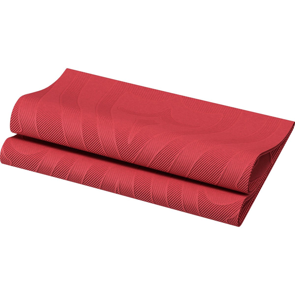 Os guardanapos Elegance dobrados 40x40 cm em bordeaux da Duni GmbH com padrão em relevo elegante estão representados sobre um fundo branco.