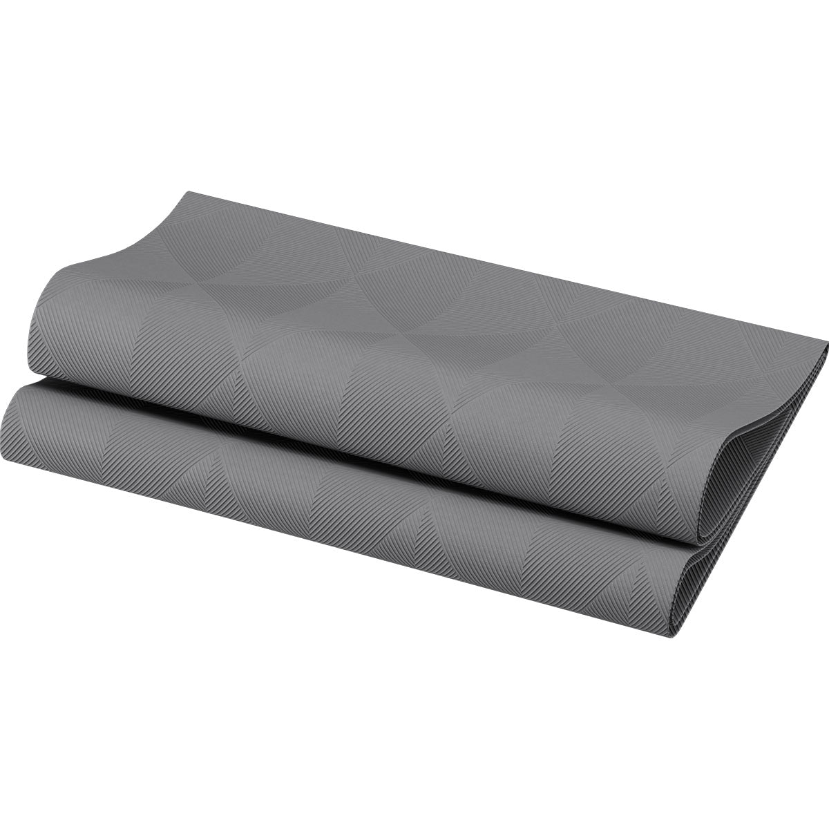 A imagem mostra um guardanapo Elegance de 40x40 cm em cinza granito, dobrado de forma impecável, da Duni GmbH, com um discreto padrão geométrico inspirado em decoração de mesa de alta qualidade; cada pacote contém 40 guardanapos de alta qualidade.