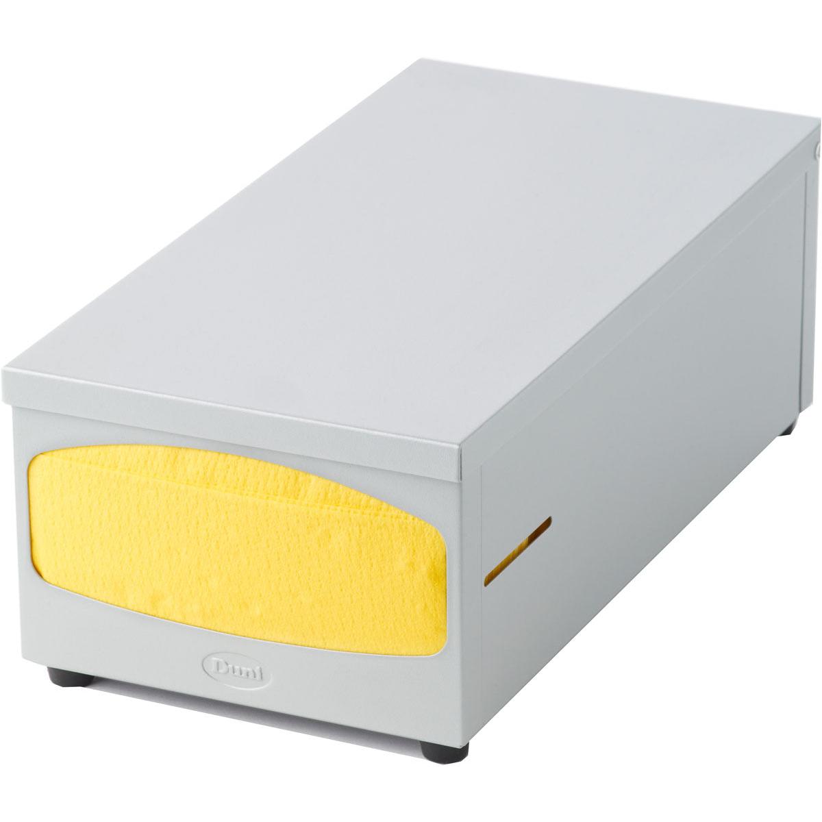 O dispensador de guardanapos de metal Duni GmbH para 33x33 cm em cinza pedra é um dispensador retangular e moderno com um guardanapo amarelo parcialmente visível através da abertura frontal - perfeito para adicionar estilo e funcionalidade a qualquer espaço.