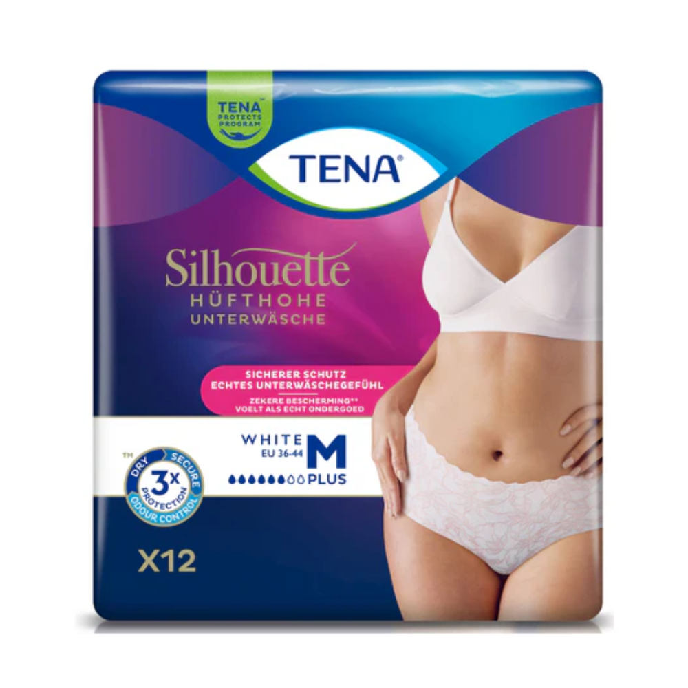 Uma embalagem de TENA Silhouette Plus White Inkontinenzpants da TENA – Essity Germany GmbH, tamanho M, mostra na embalagem uma mulher que usa o produto. Destaca a proteção contra fraqueza da bexiga e o conforto ao usar e contém 12 unidades.