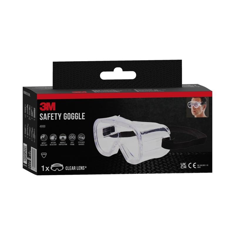Os óculos de proteção 3M™ Classic 4800 da 3M Deutschland GmbH com ventilação indireta e lente transparente são mostrados em uma embalagem preto-vermelha com uma ilustração dos óculos em uso; um par está incluído.