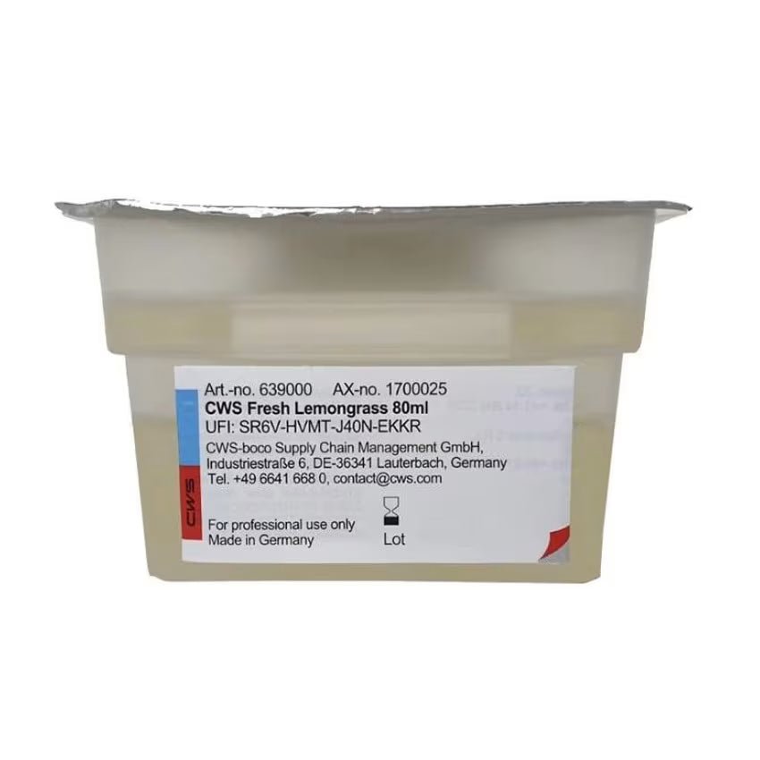 Um recipiente de plástico selado com a inscrição "CWS ParadiseLine Fragrância para Casa de Banho para Dispensador de Fragrâncias Paradise Air Bar" da CWS, com tampa de folha e etiqueta de contato, é destinado apenas ao uso profissional de fragrância para casa de banho.