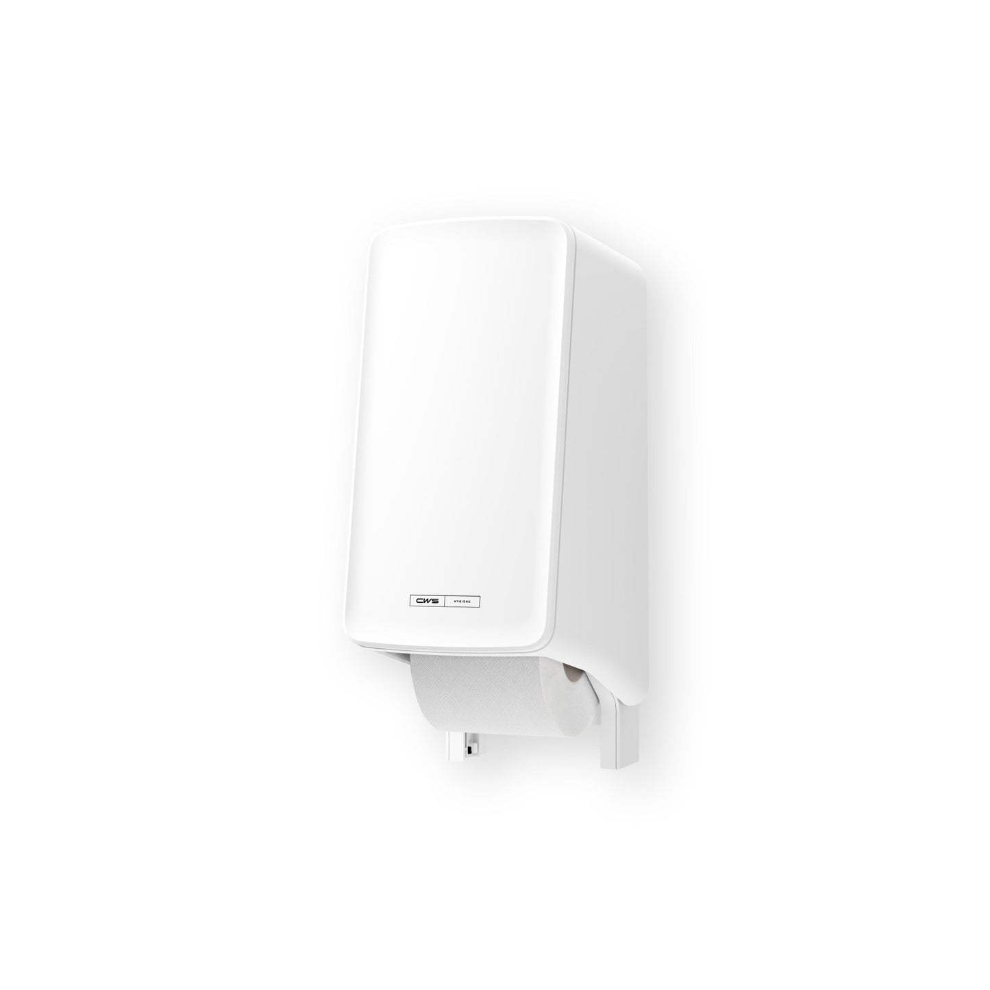 Um distribuidor de papel higiénico CWS PureLine (1 unidade) da CWS, montado na parede com um rolo visível, apresentado num fundo branco simples.