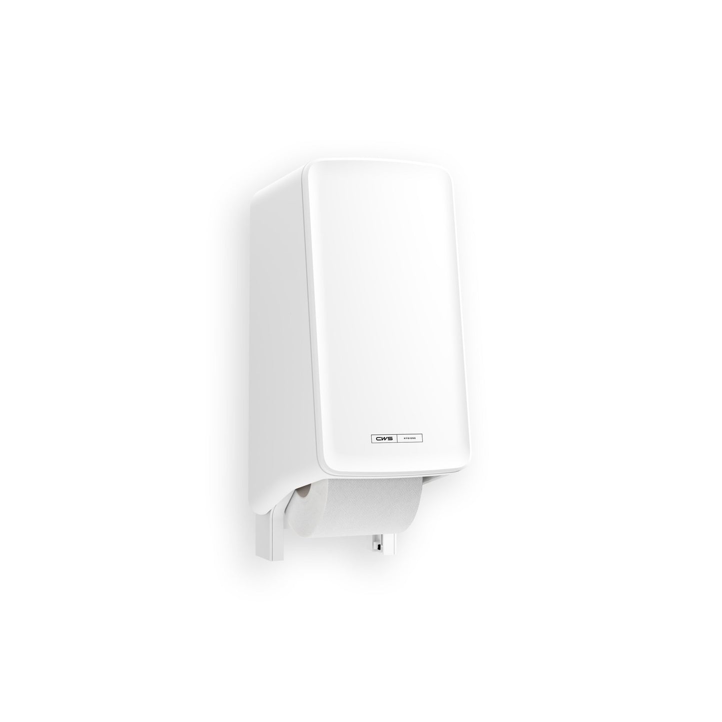 O distribuidor de papel higiénico CWS PureLine (1 unidade) da CWS é montado na parede, é fabricado em celulose ecológica e apresenta um rolo visível na parte inferior, contra um fundo branco simples.