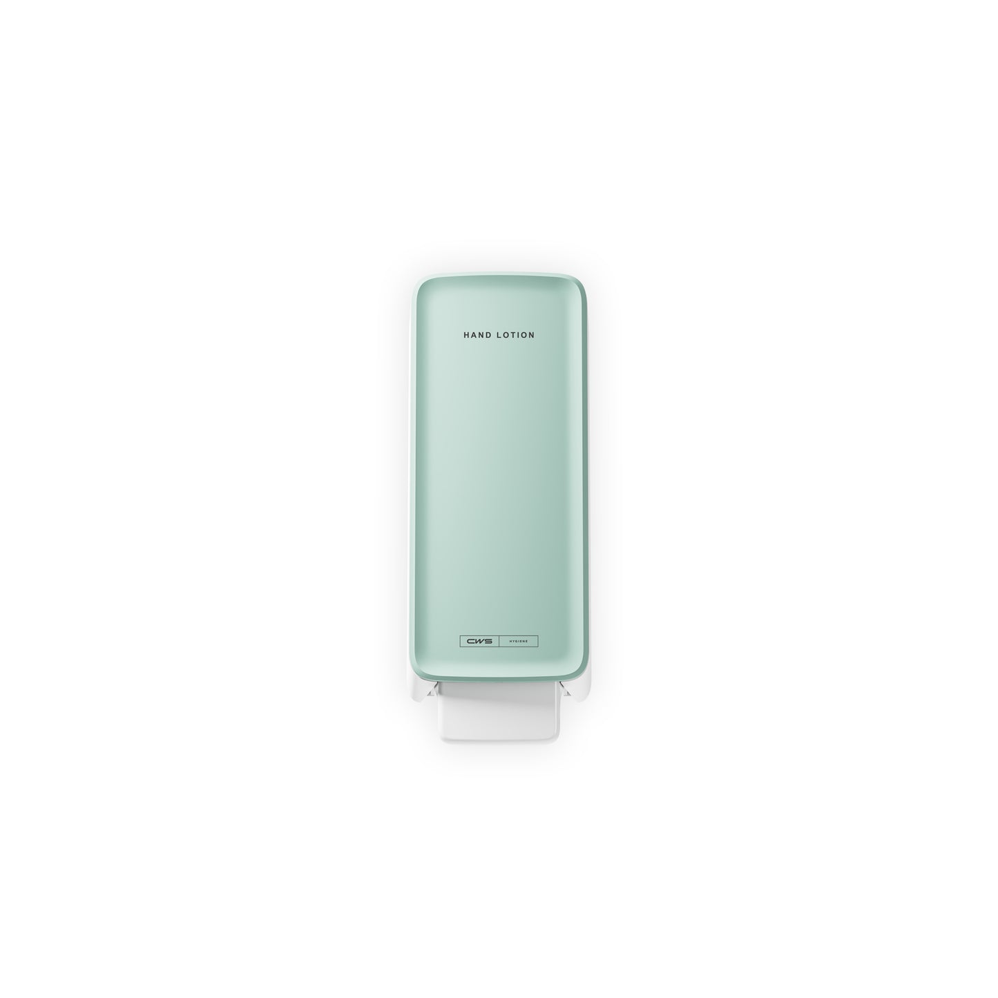 Um painel frontal CWS PureLine verde menta para loção para as mãos da CWS, dispensador retangular com a inscrição "HARD LOTION", está montado verticalmente em um fundo branco e possui uma alavanca branca na parte inferior para fácil dosagem.