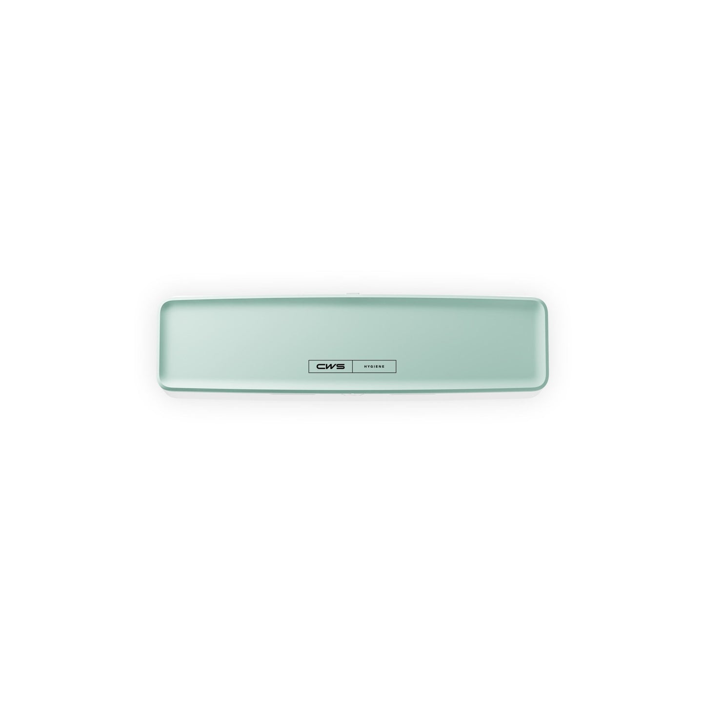 Um dispositivo retangular, verde-claro, com bordas arredondadas e uma etiqueta central com a inscrição "CWS PureLine Frontpanel para PureLine Air Bar" é exibido sobre um fundo branco.