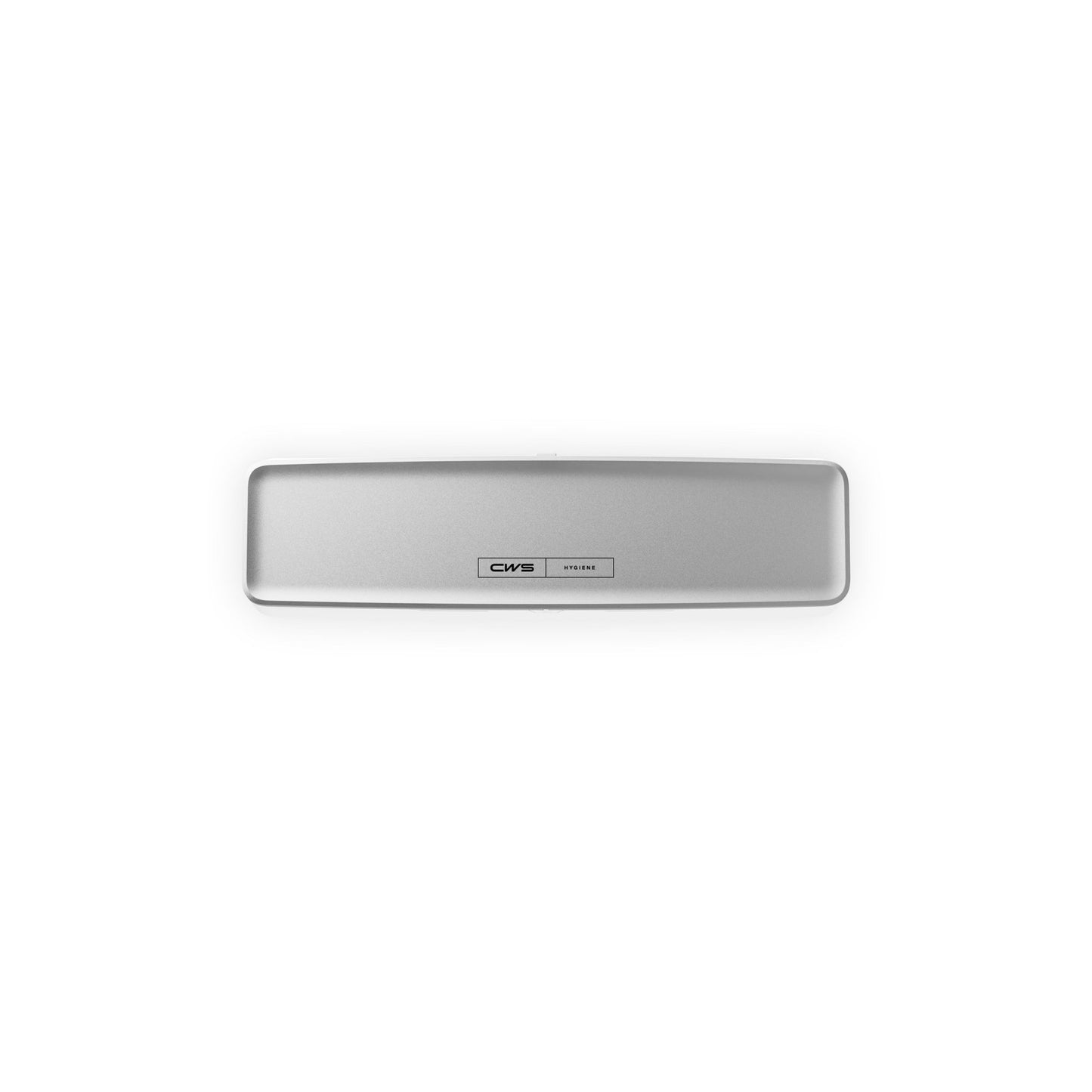 Um espelho retrovisor simples, retangular e prateado com o logotipo "CMS" em preto e branco e a etiqueta "System", fotografado sobre um fundo branco, lembra o design do painel frontal CWS PureLine para PureLine Air Bar da CWS.