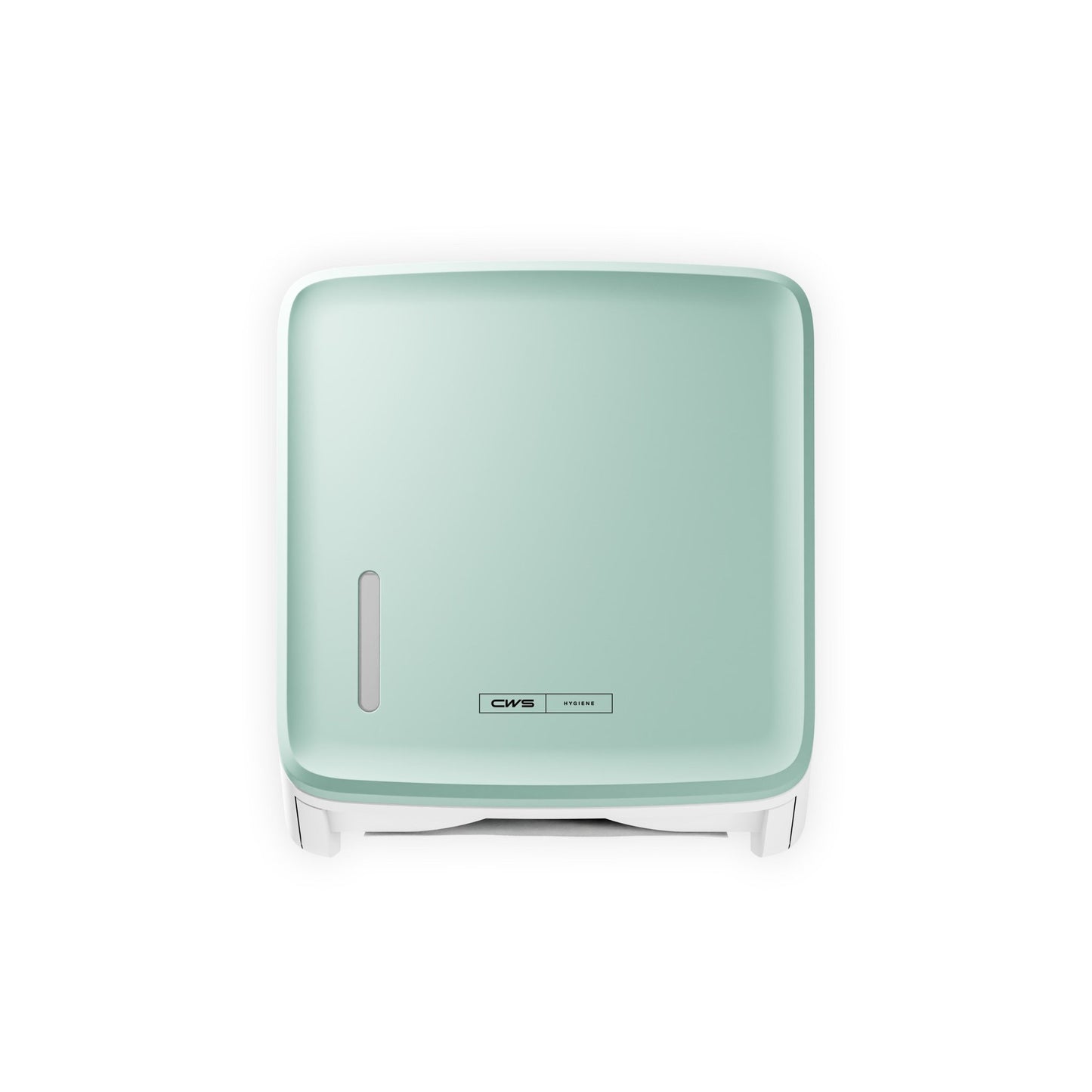 Um painel frontal quadrado montado na parede em verde menta CWS PureLine para o dispensador de papel da CWS possui uma pequena janela oval e um logotipo CMS na frente, que é mostrado contra um fundo branco.
