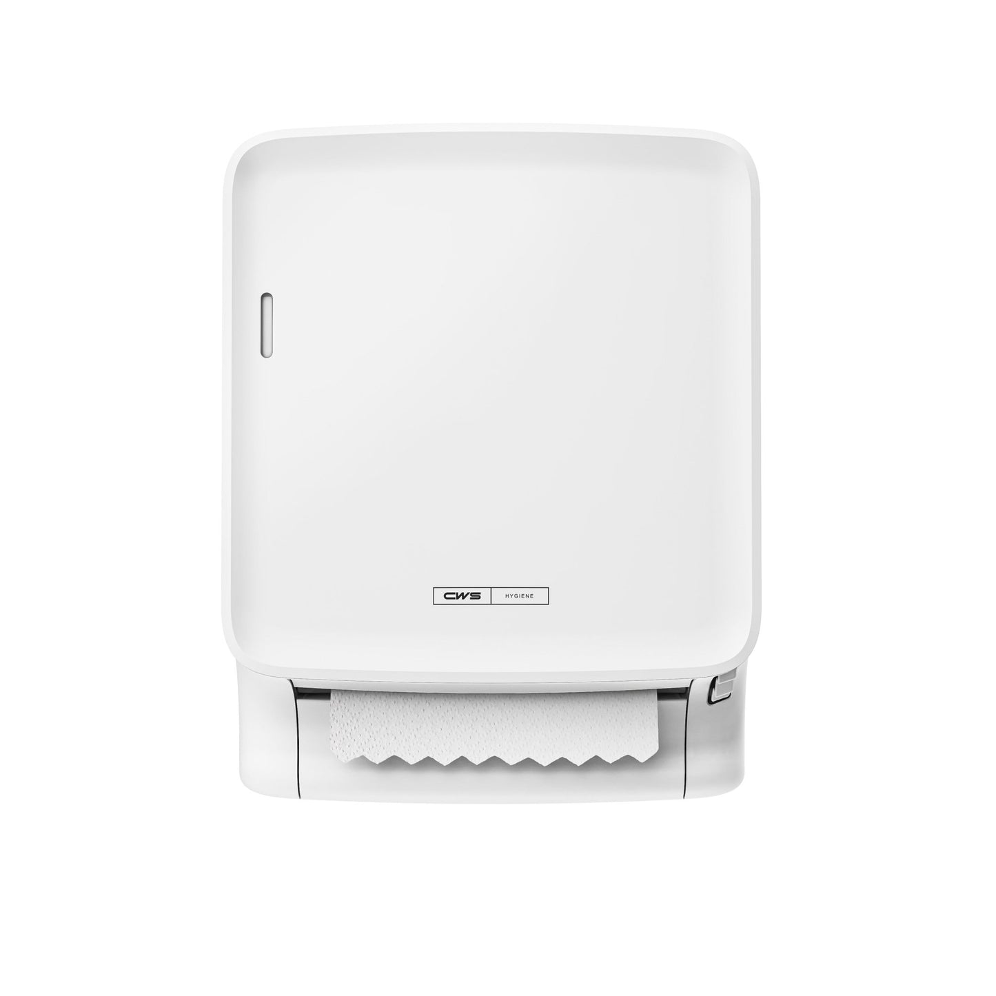 O CWS PureLine Paperroll | Embalagem (1 unidade) da CWS é um distribuidor branco, montado na parede, com toalhas de papel visíveis, que se destaca num fundo de cor única — ideal para ambientes higiénicos e ecológicos.
