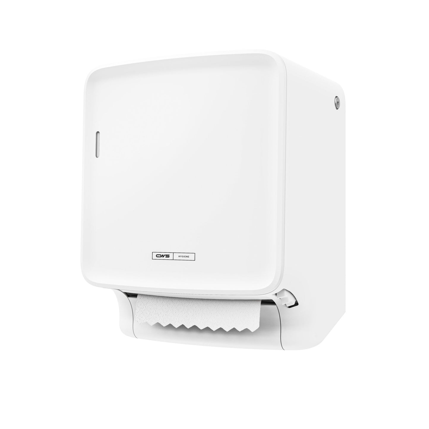 O CWS PureLine Paperroll | Embalagem (1 unidade) da CWS é um dispensador de parede branco que distribui uma toalha de papel, destacada num fundo branco simples — ideal para requisitos de higiene ecológicos.
