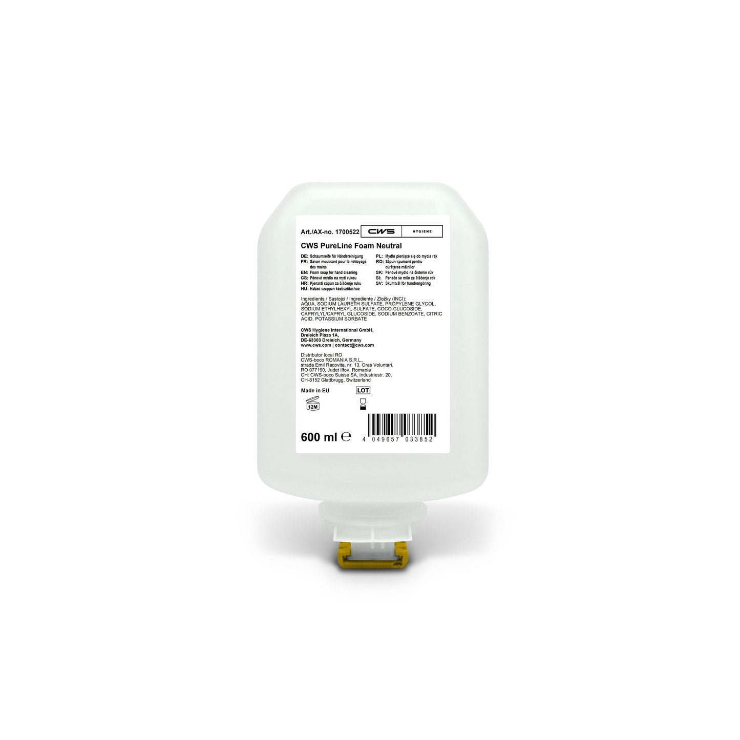 Eine 600-ml-Flasche CWS PureLine Foam Standard Handseife von CWS mit einem Frontetikett mit Angaben, Inhaltsstoffen und Barcode sowie einer gelben Spenderdüse - ideal für jeden Schaumseifenspender zur Gewährleistung einer optimalen Handhygiene.