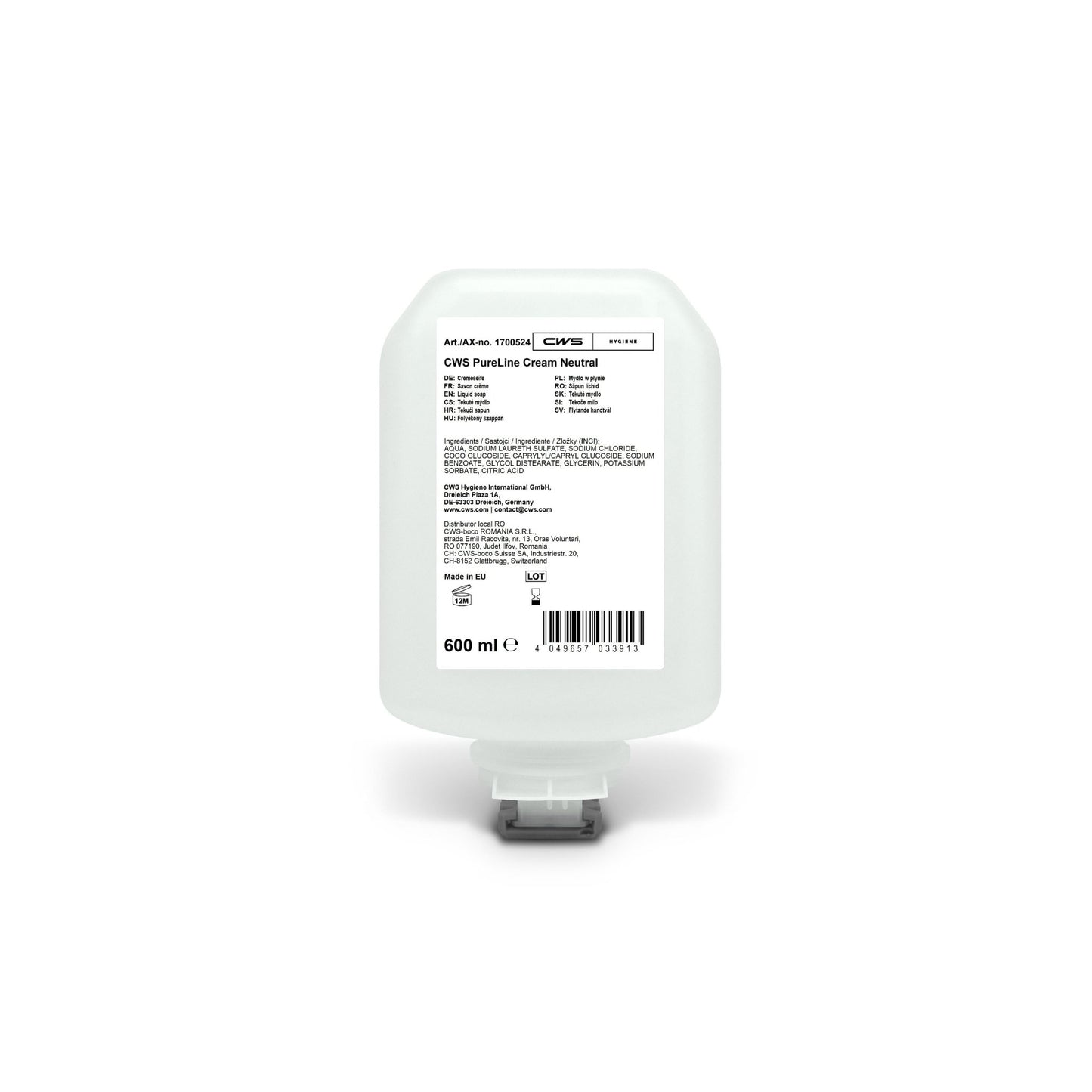 A garrafa CWS PureLine Cream Neutral 600 ml foi desenvolvida para uso diário em pele sensível e está equipada com ingredientes e informações do produto em um rótulo branco com fecho de fundo transparente.