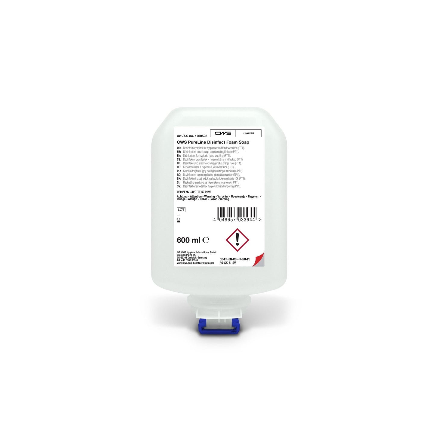 Um frasco de 600 ml de CWS PureLine Desinfect Gel da CWS, com um design simples, um dispensador azul e branco e um rótulo com detalhes do produto, instruções de utilização, símbolos de segurança e avisos sobre germes e bactérias.