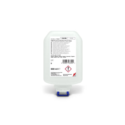 Um frasco de 600 ml de CWS PureLine Desinfect Gel da CWS, com um design simples, um dispensador azul e branco e um rótulo com detalhes do produto, instruções de utilização, símbolos de segurança e avisos sobre germes e bactérias.