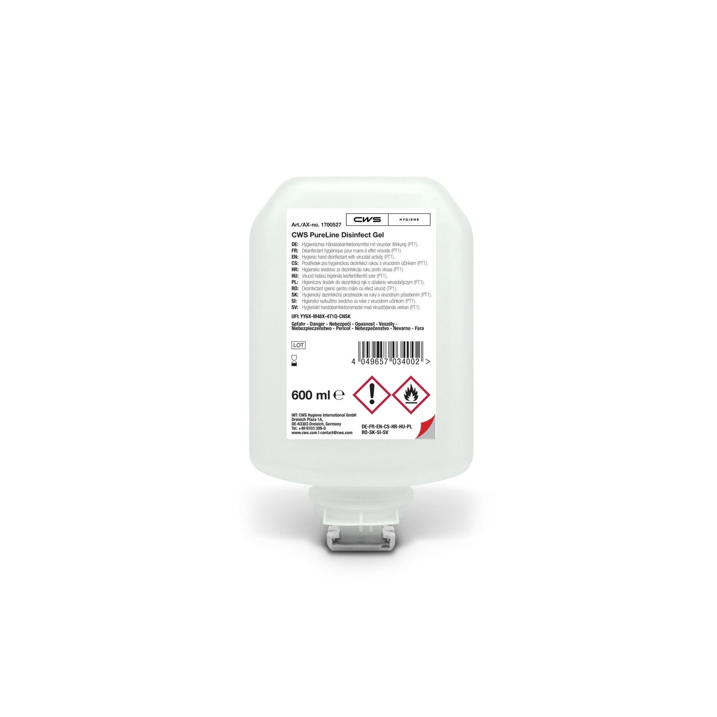 O CWS PureLine Desinfect Gel 600 ml é um recipiente transparente com uma tampa dispensadora branca e um rótulo com informações sobre o produto, código de barras e símbolos de perigo. Este gel desinfetante para as mãos da marca CWS é eficaz contra germes e bactérias.
