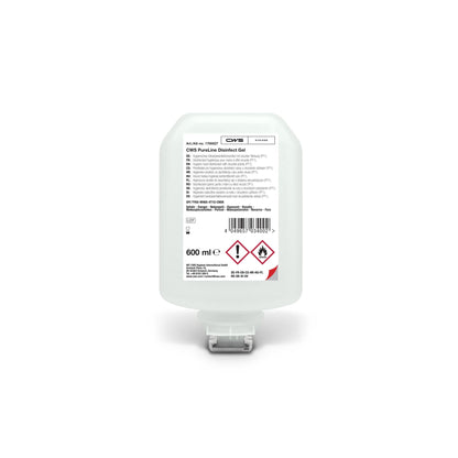 O CWS PureLine Desinfect Gel 600 ml é um recipiente transparente com uma tampa dispensadora branca e um rótulo com informações sobre o produto, código de barras e símbolos de perigo. Este gel desinfetante para as mãos da marca CWS é eficaz contra germes e bactérias.