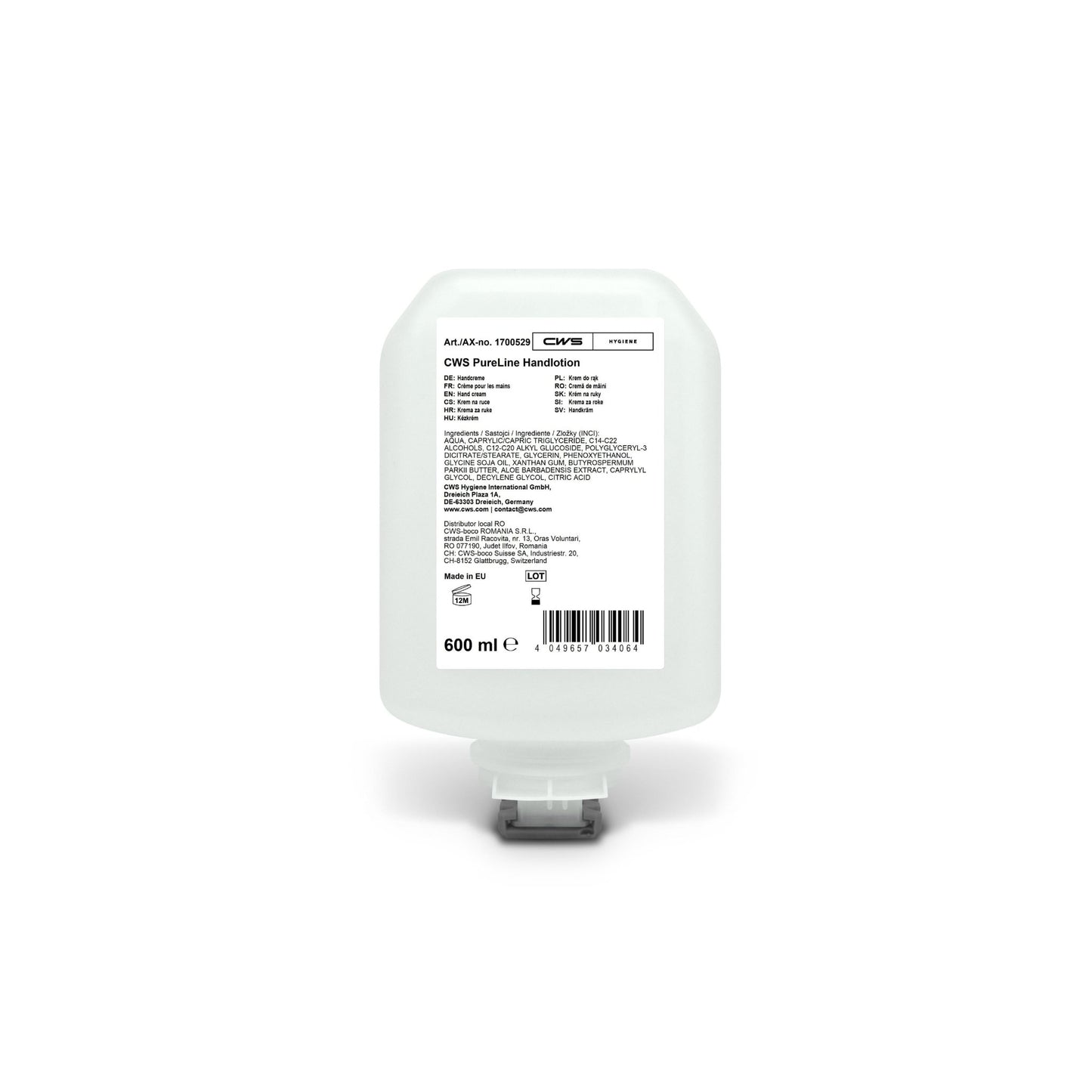 A garrafa de 600 ml de loção para as mãos CWS PureLine da CWS tem um rótulo branco com detalhes do produto, ingredientes, instruções de uso e informações do fabricante em letras pretas. A garrafa possui uma válvula dispensadora na base. Contém pantenol e vitamina E para cuidados hidratantes.