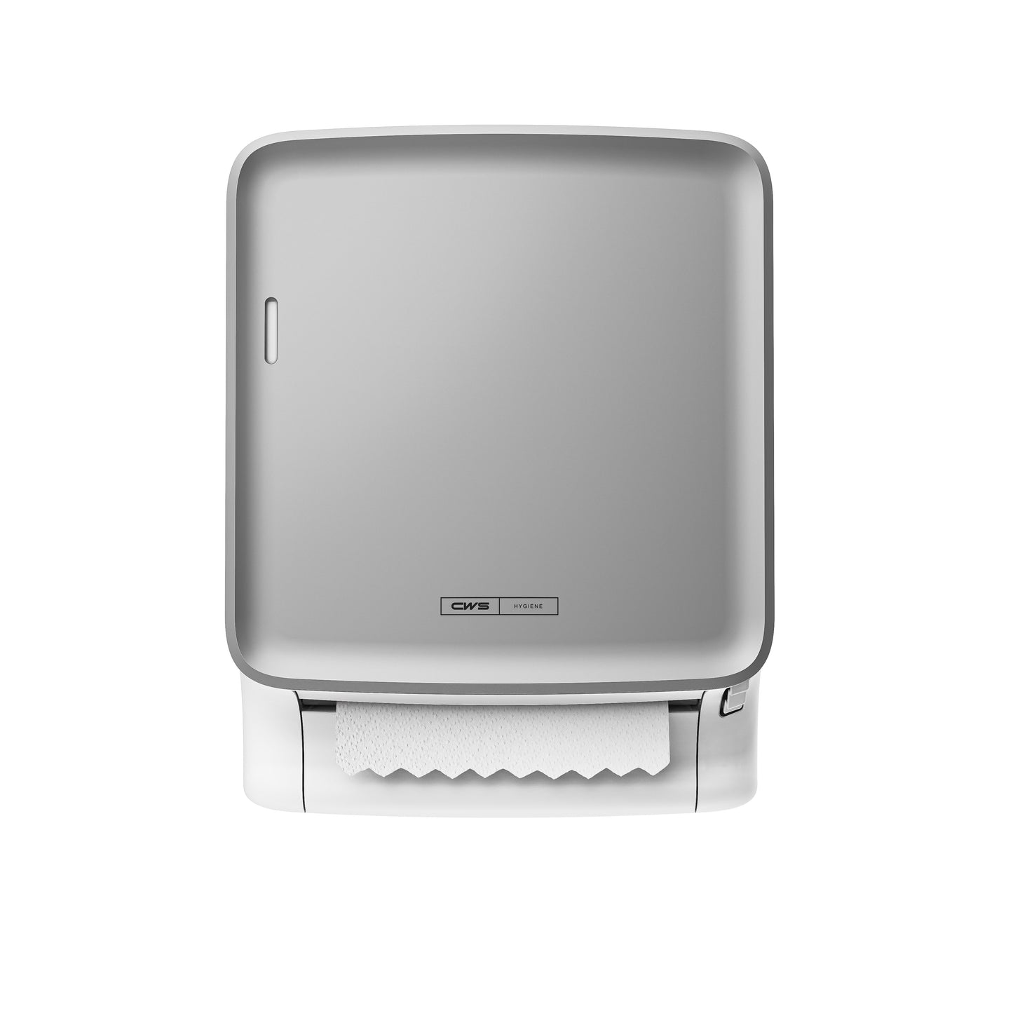 O painel frontal CWS PureLine para PureLine Paperroll da CWS oferece um design fino e retangular para dispensadores montados na parede, permitindo um acesso fácil e um rolo de papel visível na parte inferior.