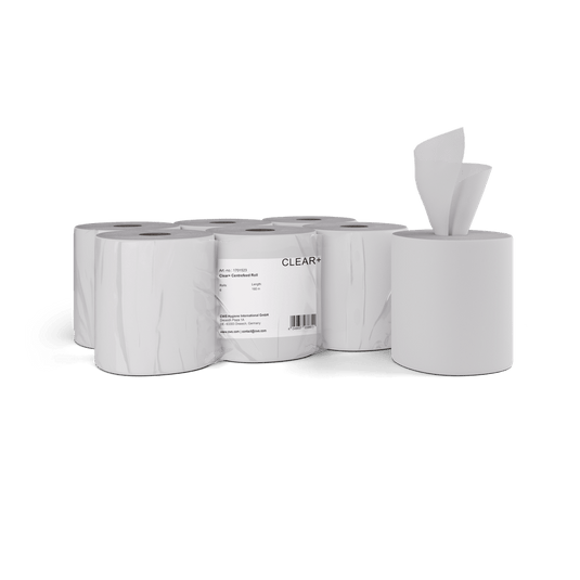 Rolos de papel Clear+ com alimentação central, de 2 camadas, 220 m