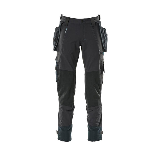 Calças com bolsos suspensos, calças stretch, preto-azul