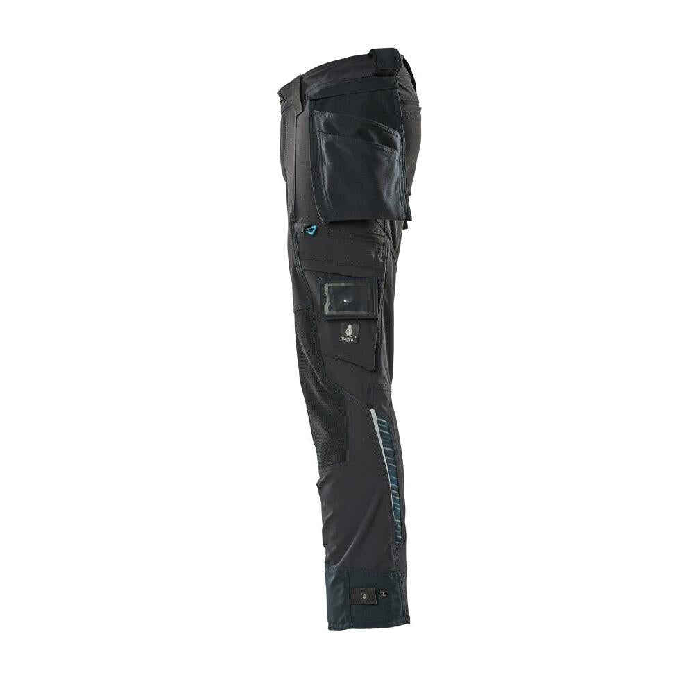 Calças com bolsos suspensos, calças stretch, preto-azul
