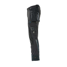 Calças com bolsos suspensos, calças stretch, preto-azul
