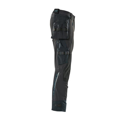 Calças com bolsos suspensos, calças stretch, preto-azul