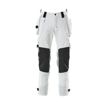 Calças com bolsos suspensos, calças stretch, brancas