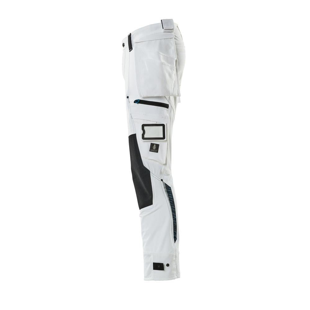 Calças com bolsos suspensos, calças stretch, brancas