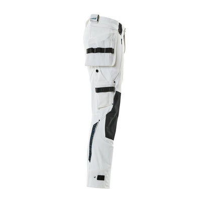 Calças com bolsos suspensos, calças stretch, brancas