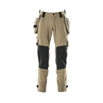 Calças com bolsos suspensos, calças stretch, cáqui claro