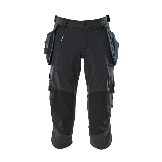 Calças três quartos, bolsos pendurados, calças stretch três quartos, preto-azul