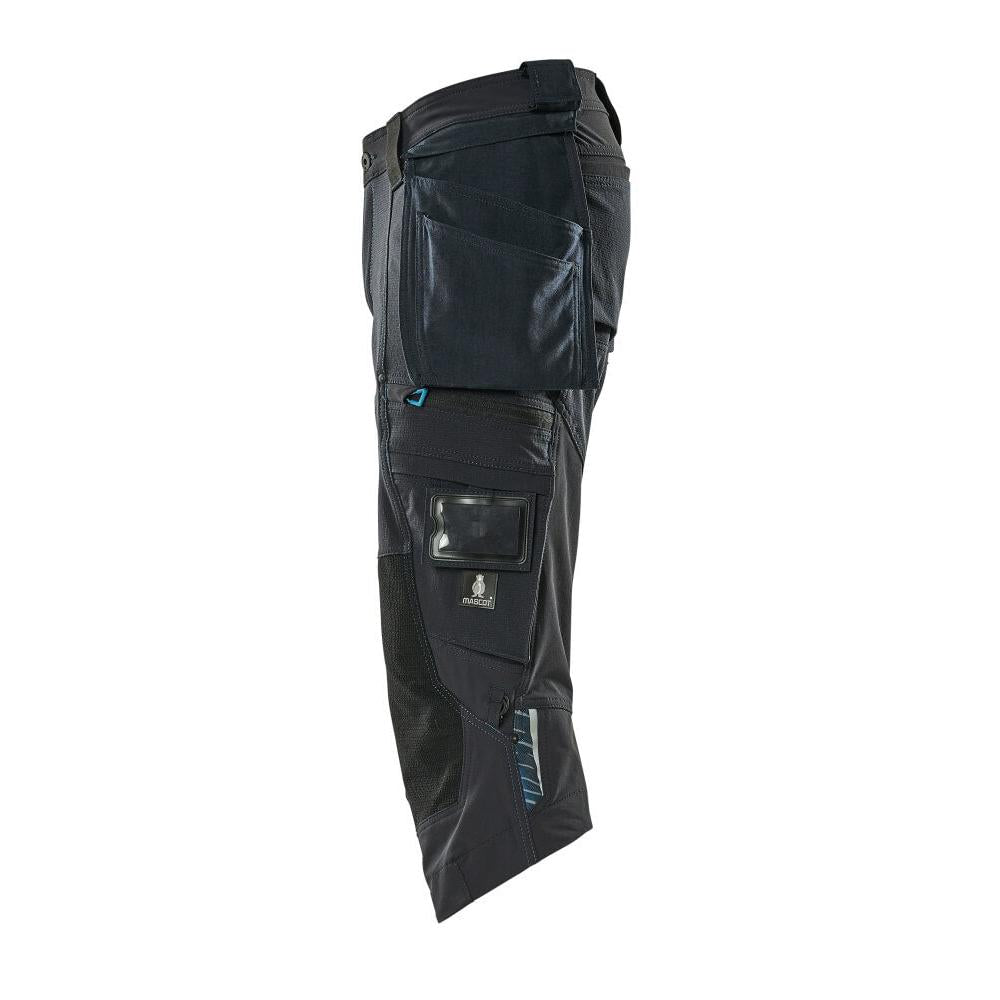 Calças três quartos, bolsos pendurados, calças stretch três quartos, preto-azul