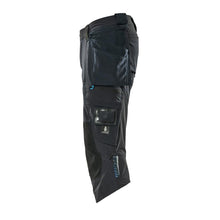 Calças três quartos, bolsos pendurados, calças stretch três quartos, preto-azul