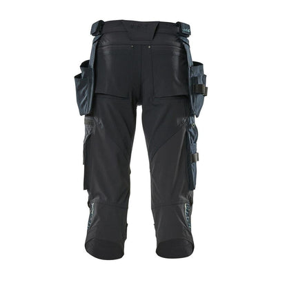 Calças três quartos, bolsos pendurados, calças stretch três quartos, preto-azul