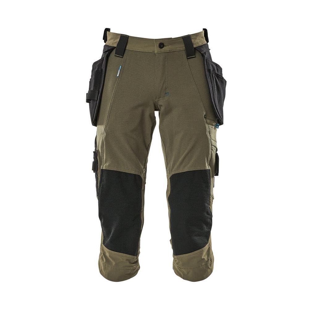 Calças três quartos, bolsos suspensos, calças stretch três quartos, verde musgo
