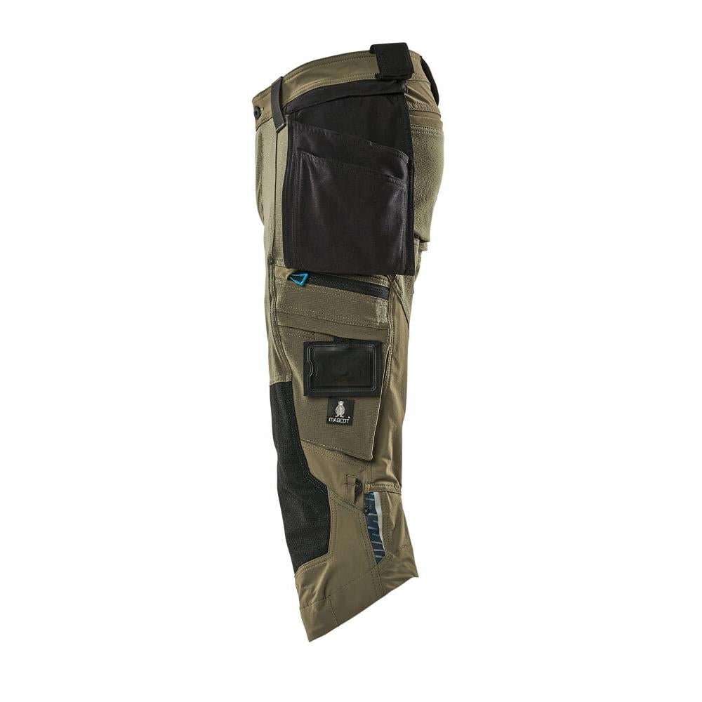 Calças três quartos, bolsos suspensos, calças stretch três quartos, verde musgo