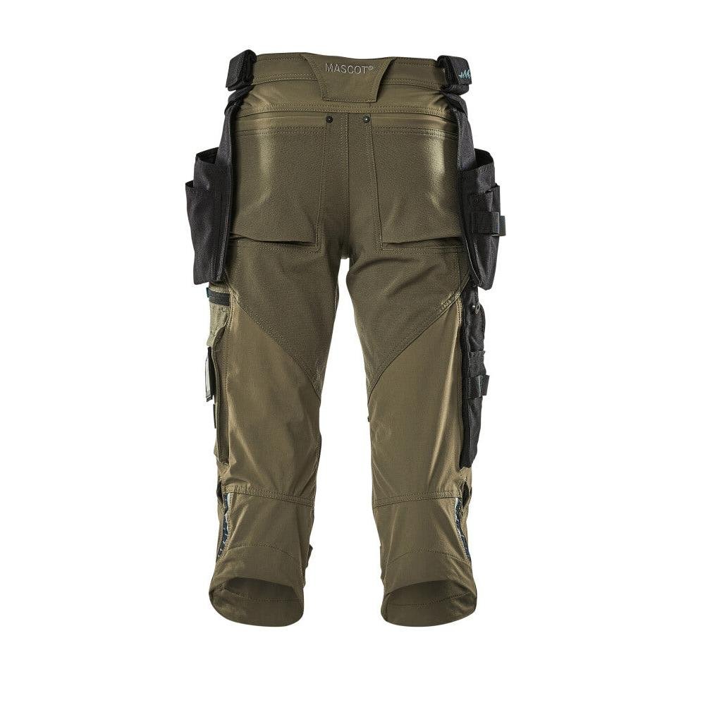 Calças três quartos, bolsos suspensos, calças stretch três quartos, verde musgo