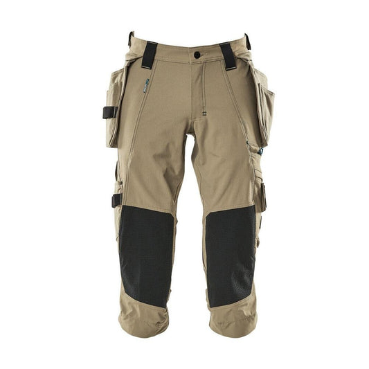 Calças três quartos, bolsos pendurados, calças stretch três quartos, cáqui claro