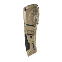 Calças três quartos, bolsos pendurados, calças stretch três quartos, cáqui claro