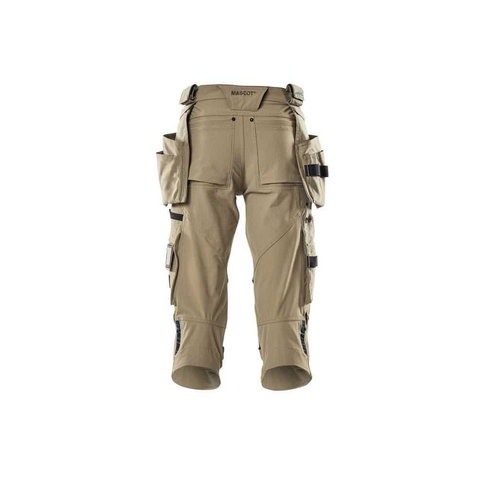 Calças três quartos, bolsos pendurados, calças stretch três quartos, cáqui claro