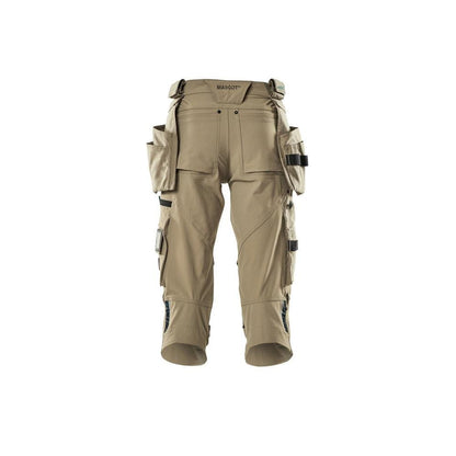 Calças três quartos, bolsos pendurados, calças stretch três quartos, cáqui claro