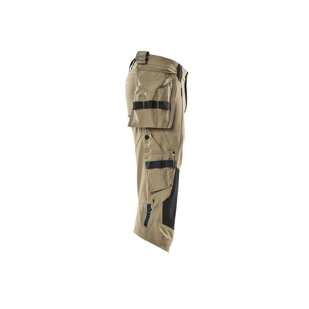 Calças três quartos, bolsos pendurados, calças stretch três quartos, cáqui claro