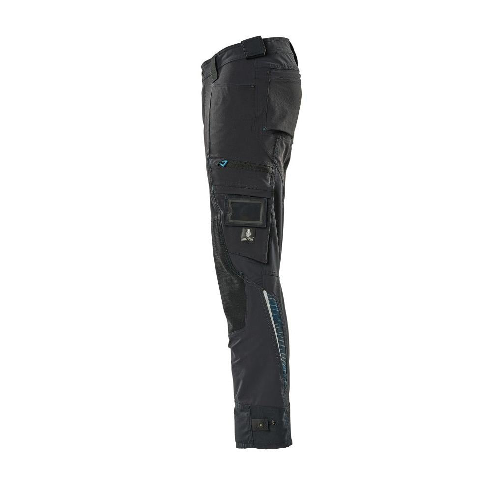 Calça com bolsos nos joelhos confeccionada em Dyneema, calça stretch, preto-azul