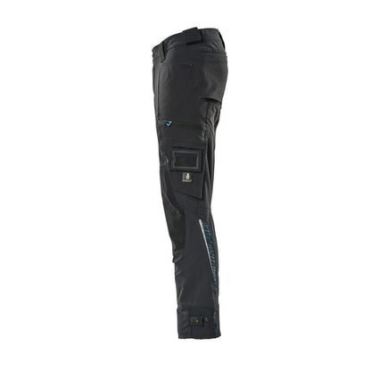 Calça com bolsos nos joelhos confeccionada em Dyneema, calça stretch, preto-azul