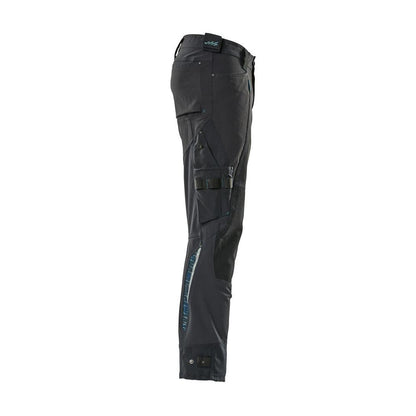 Calça com bolsos nos joelhos confeccionada em Dyneema, calça stretch, preto-azul