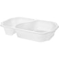 A Duni GmbH Biokunststoff Schale Take-Away 2 Branco (250x159x45) está equipada com duas divisórias e é ideal como embalagem descartável para levar. A foto mostra uma bandeja branca sobre um fundo monocromático. A embalagem contém 246 peças.